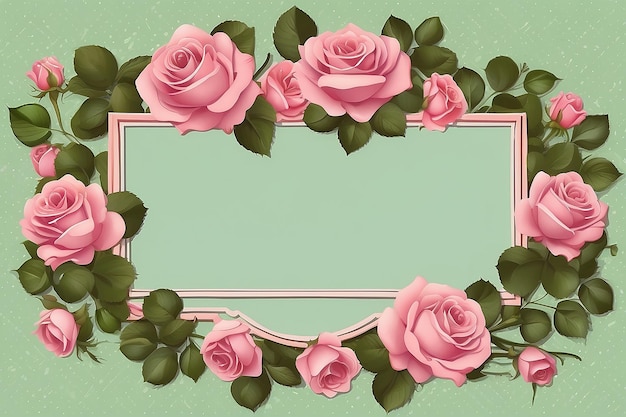 Foto marco de rosas rosadas ornamentales en fondo de puntos verdes con espacio para su texto o diseño
