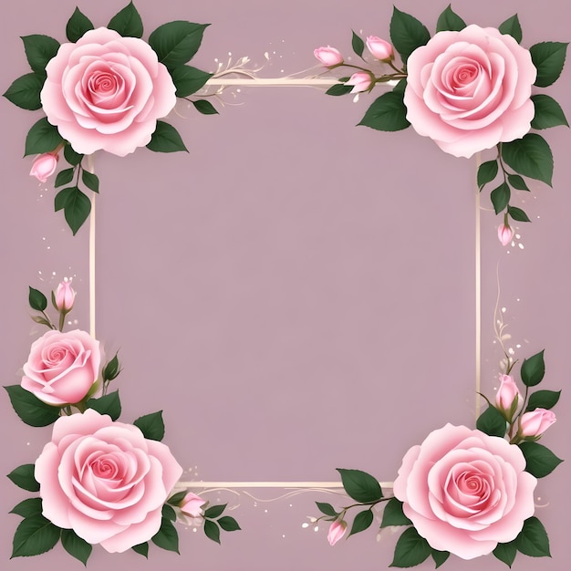 Foto un marco con rosas rosas y hojas verdes y un fondo rosa