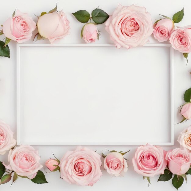 Foto un marco con rosas rosas y un marco blanco con un marco blanco