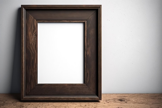 Marco rústico de madera de color marrón oscuro en el ángulo de visión de la plantilla de maqueta en blanco de la pared blanca