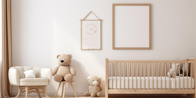 Marco simulado en habitación infantil con muebles de madera natural Interi estilo granja IA generativa