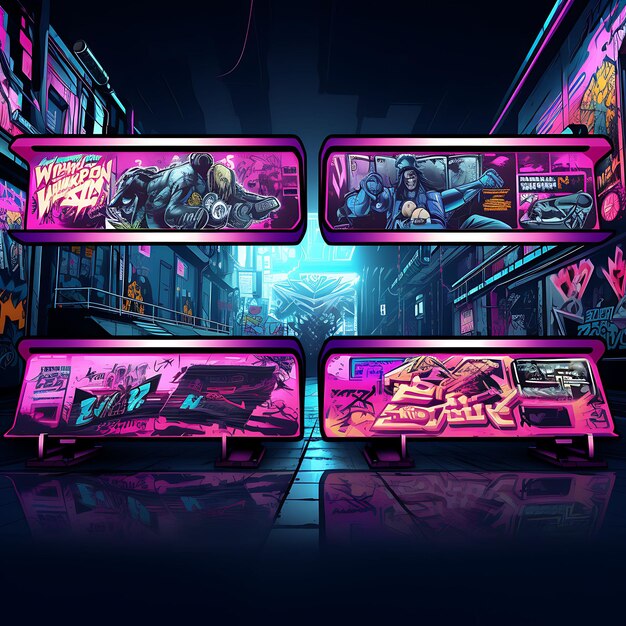 Foto un marco de skatepark cyberpunk rampas de skate futuristas y concepto de superposición de camisetas hologra 2d clipart