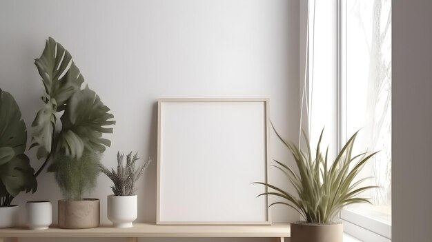 Un marco sobre una mesa junto a una ventana con plantas.