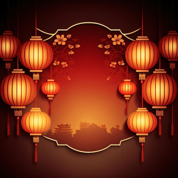 Marco de tarjeta roja en un círculo con espacio para su propio contenido de decoración con linternas chinas y flores de cerezo celebraciones del Año Nuevo Chino