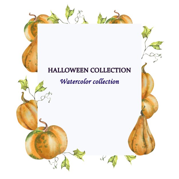 Marco Tema de otoño y Halloween Abstracto esbozado Hojas y ramas Calabaza Acuarela Ilustración para empaques de vacaciones Tarjetas postales Invitaciones Sitios web Accesorios Ropa