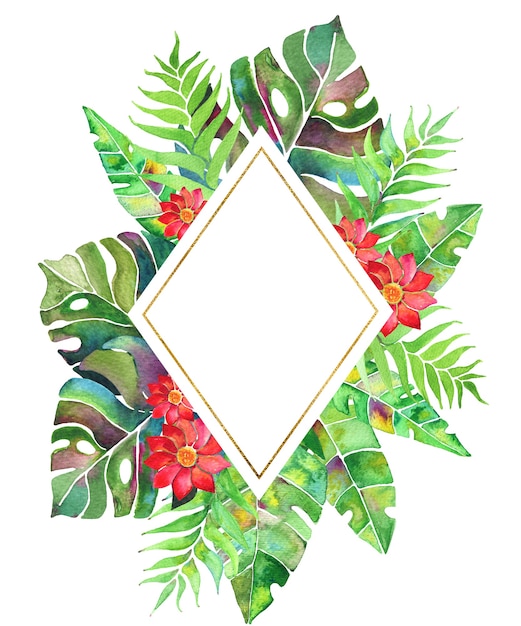 Marco tropical acuarela con hojas de palmera, monstera y flores.