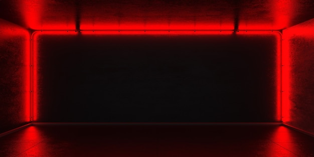 Marco de tubos de neón rojo sobre un muro de hormigón en el interior de una sala de discoteca