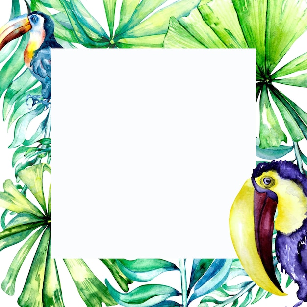 Foto marco de tucanes y palmeras ilustración acuarela en blanco