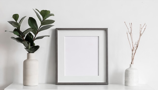 Foto marco vacío en un tono blanco con plantas en blanco