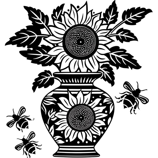 Marco de vaso de cerámica Arte CNC con diseño de girasol y acentos de abeja Tatuaje de contorno de corte de CNC