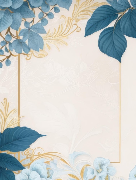 Foto marco de vector de papel tapiz con un hermoso patrón de follaje azul y dorado