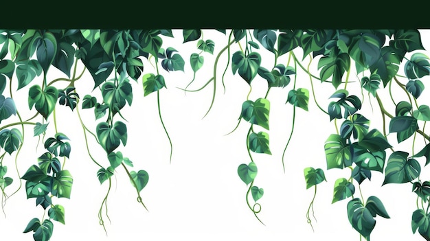 Foto marco de vegetación colgante tropical con viñas de liana de la jungla con hojas verdes ilustración moderna de dibujos animados de la frontera de las ramas de los árboles de la selva tropical que se arrastran con el follaje el tallo de la planta de escalada de hiedra larga y