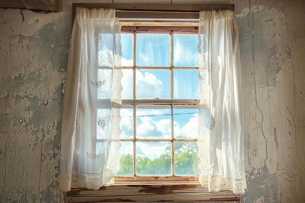 marco de ventana de madera con cortinas de encaje