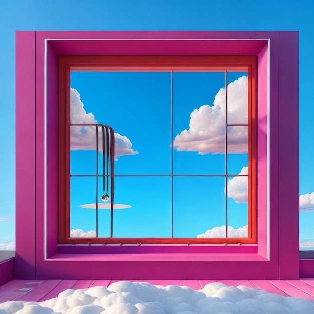 Foto un marco de ventana rosa con un cielo azul y nubes en el fondo.