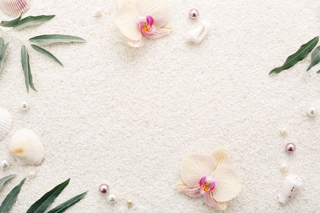 Marco de verano de conchas, flores y perlas en la arena de la playa blanca. Fondo pastel, espacio de copia. Relajación Spa.