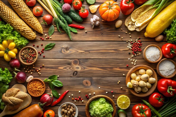 Marco de verduras frescas variadas en una mesa de madera rústica