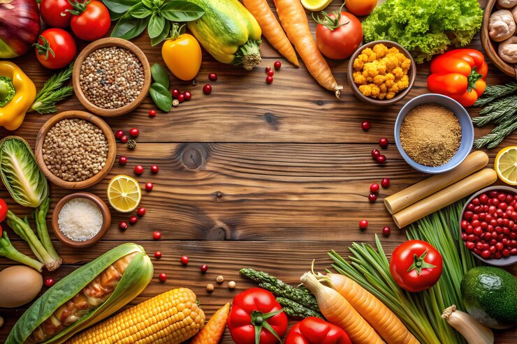 Marco de verduras frescas variadas en una mesa de madera rústica