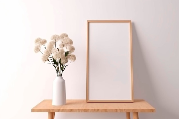 Marco vertical de madera sobre una mesa flores blancas en un jarrón a la izquierda