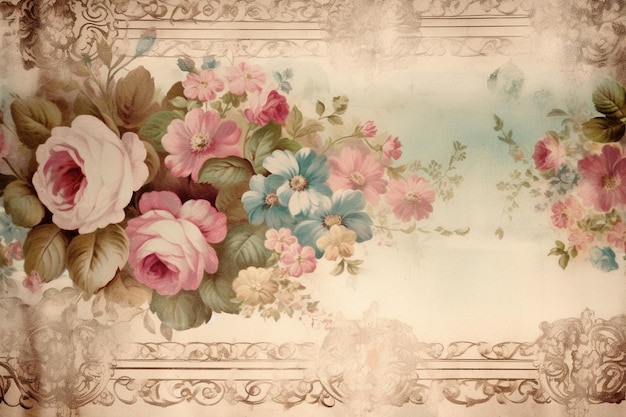 Un marco vintage con flores en el medio.