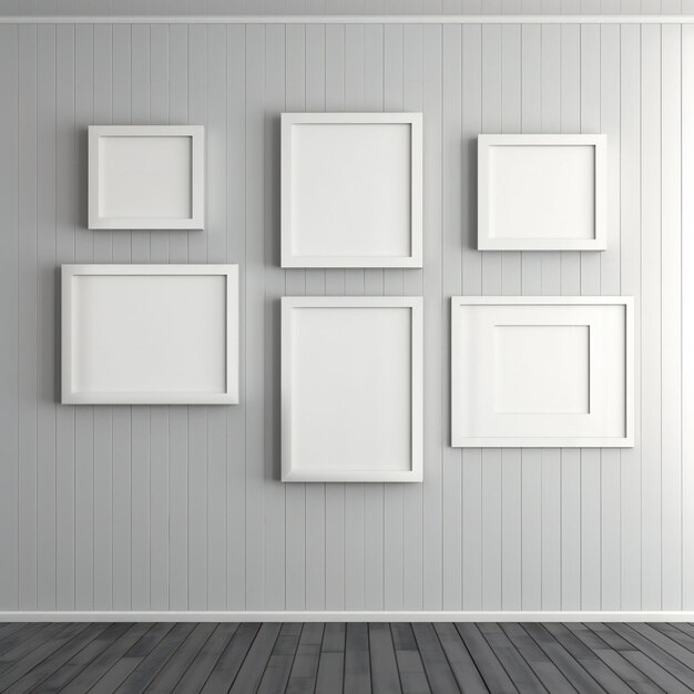 Foto marcos de arte fotográfico blancos en blanco para montar una vitrina de diseño en una pared moderna