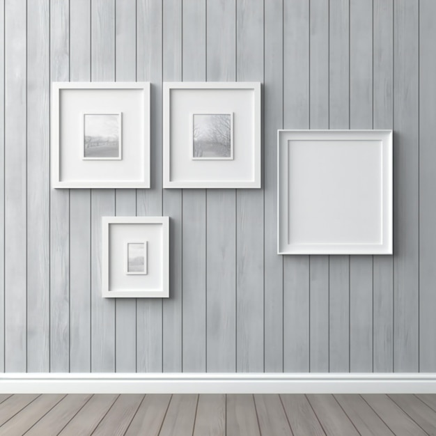 Foto marcos de arte fotográfico blancos en blanco para montar una vitrina de diseño en una pared moderna