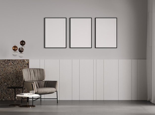 Marcos en blanco se burlan en el interior de la sala de estar moderna con un elegante sillón gris pared vacía estilo escandinavo representación 3d