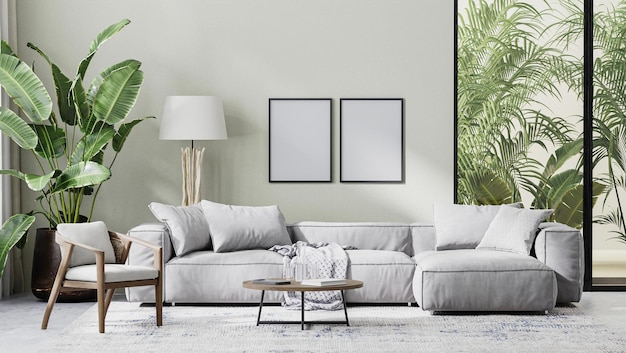 Marcos en blanco se burlan en el interior de la sala de estar moderna con sofá gris, muebles de madera y hojas tropicales de palma, renderizado 3d