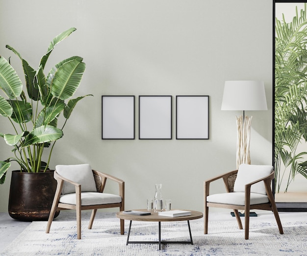 marcos de carteles en el interior de la habitación con luz pared neutral con luz solar y muebles de madera con plantas tropicales y hojas de palma renderización 3d