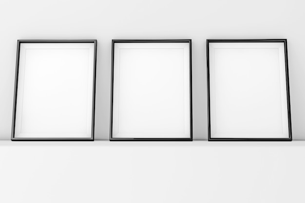 Marcos de cuadros en blanco sobre un fondo blanco. Representación 3D