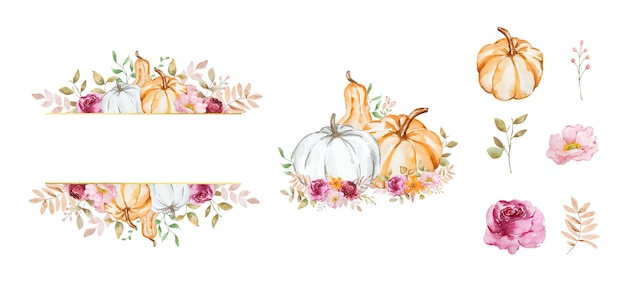 Marcos dorados de otoño con flores de calabazas de acuarela y hojas de otoño