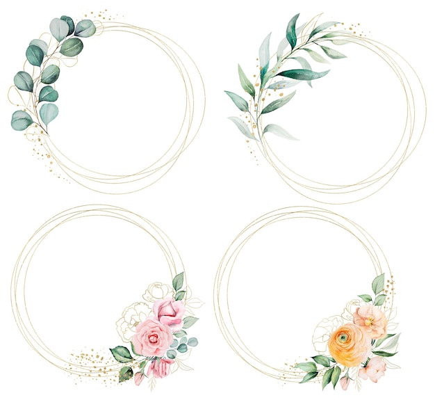 Marcos dorados redondos con flores de acuarela y ramos de hojas ilustración de boda