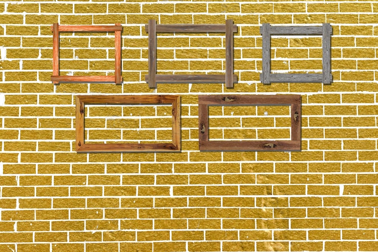 Foto marcos fotográficos vintage 3d en pared de ladrillo dorado para el interior o el fondo
