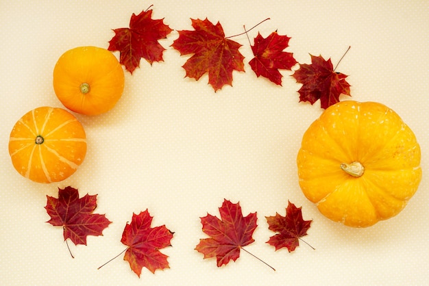 Marcos de otoño brillantes para tarjetas de temporada, calabazas naranjas y hojas de arce rojas con copyspace