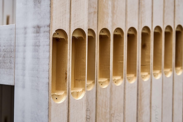 Marcos de puertas de madera maciza apiladas Primer plano del proceso de fabricación de puertas de madera
