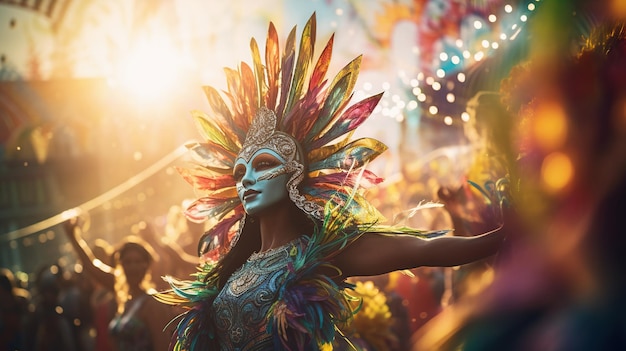 Foto mardi gras de fondo con brasil carnaval mujer vestida de manera brillante y copia el espacio ai contenido generado