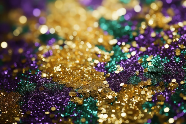 Mardi Gras fundo brilhante roxo verde e cor dourada confetes brilhantes closeup