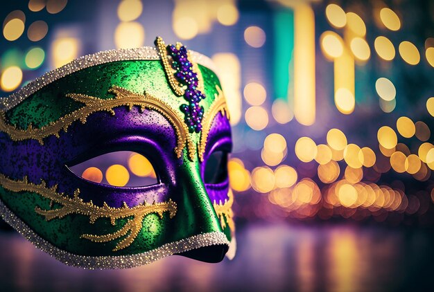 Mardi Gras Maske mit Bokeh Lights Hintergrund Generative AI