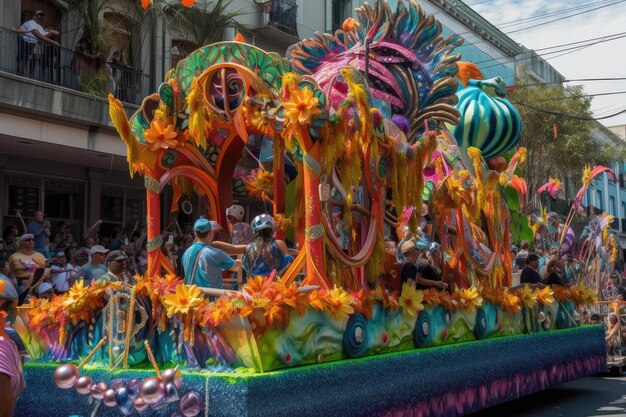 Mardi-Gras-Parade mit einem farbenfrohen und aufwendigen Festwagen, der mit generativer KI erstellt wurde