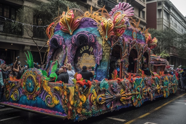 Mardi-Gras-Parade mit einem farbenfrohen und aufwendigen Festwagen, der mit generativer KI erstellt wurde