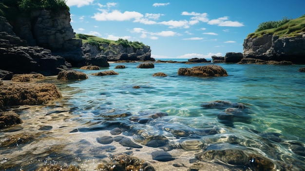 Marea baja en Pedn Vounder Beach South Cornwall en un brillante día de junio