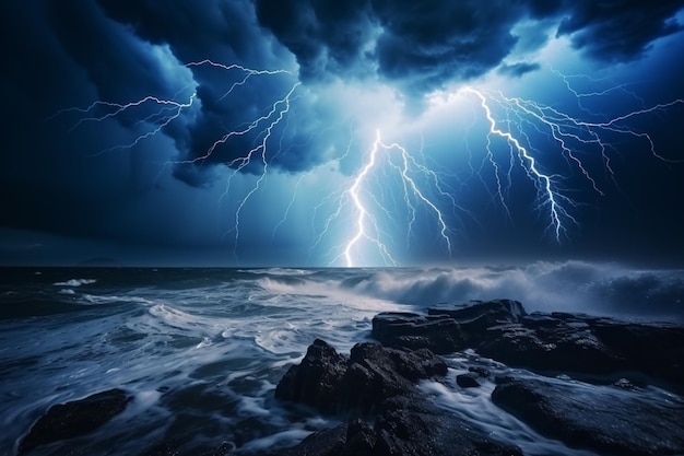 Foto marejada ciclónica en el océano por la noche desastre de la naturaleza y rayo trueno en el mar