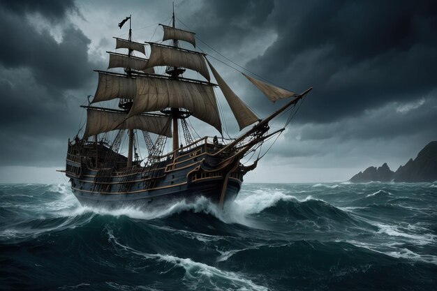 Foto mares tormentosos con el majestuoso barco pirata