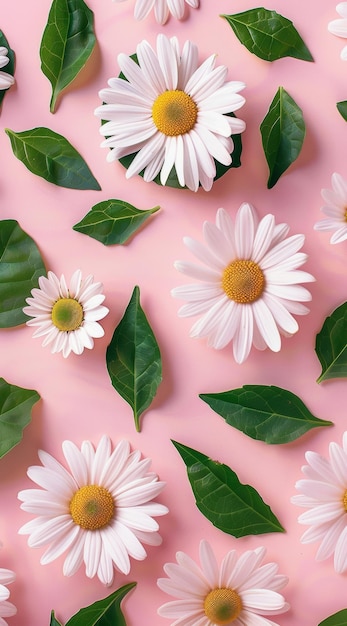 Margaridas brancas e folhas verdes em fundo rosa