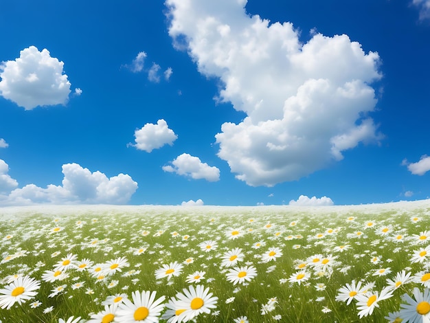 Margaridas brancas no campo e céu azul nublado