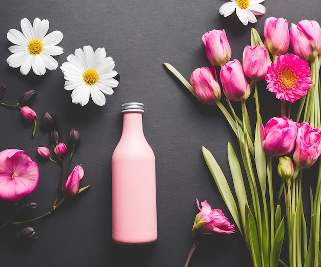 margaridas e rosas ao lado da garrafa