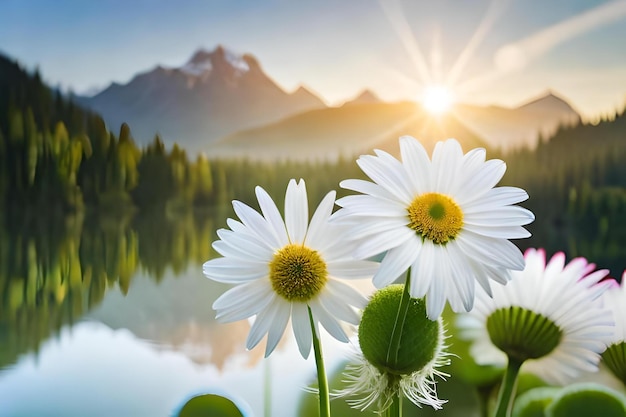 Margaridas em frente a um lago com montanhas ao fundo