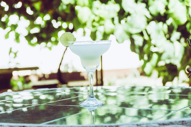 Margarita alkoholischer und frischer Cocktail im Freien im Garten