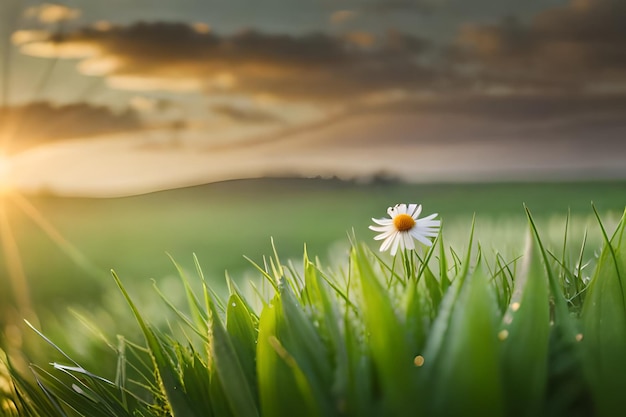 una margarita en un campo con el sol poniéndose detrás