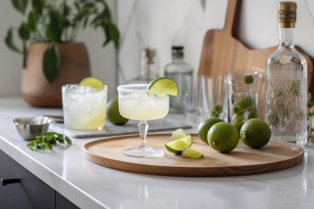 Margarita-Cocktails im Glas mit Limettenscheiben-Gerichte auf einem weißen Küchentisch