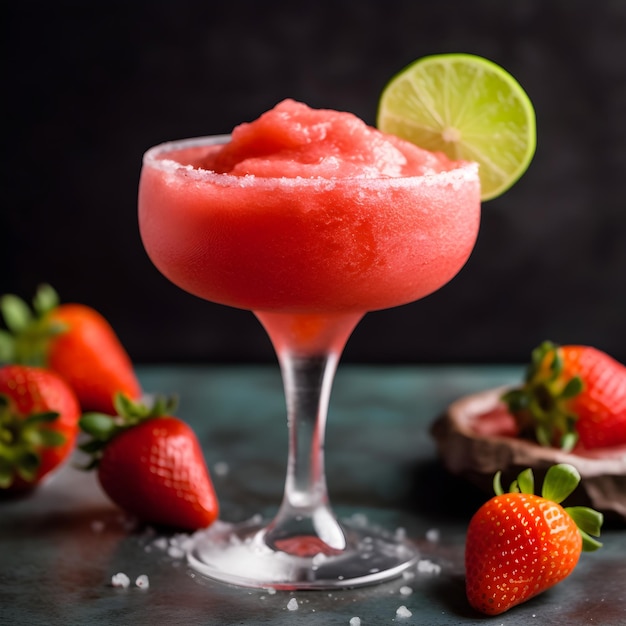 Margarita de morango congelada decorada com uma borda de sal e uma fatia de limão em fundo escuro Margarita com gelo picado Coquetel vermelho com gelo picado morango limão e solt IA generativa